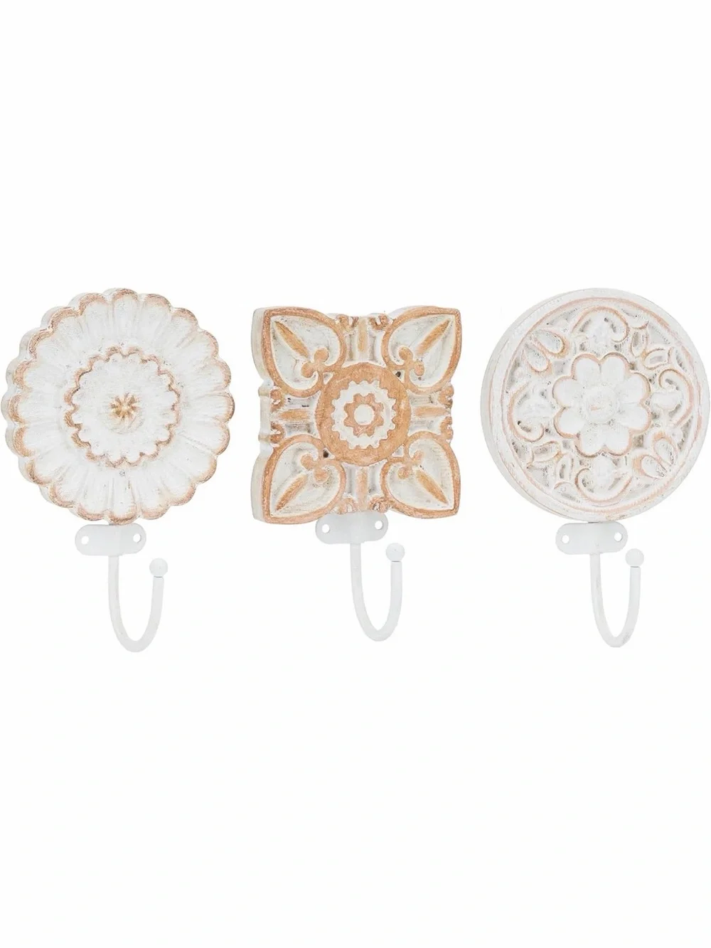 Decorative bohemian coat hooks - White & Tan Wall Hooks - Set of 3